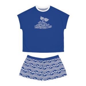 Fun, Nautical, Blue Women's Short Pajama Set, Handmade Original Design, Whale Tails, Coastal, Ocean