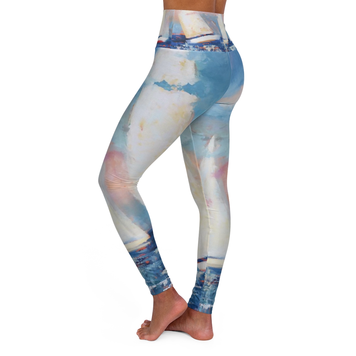 Sail Away, Blue and White High Waisted Yoga Leggings - Image 3