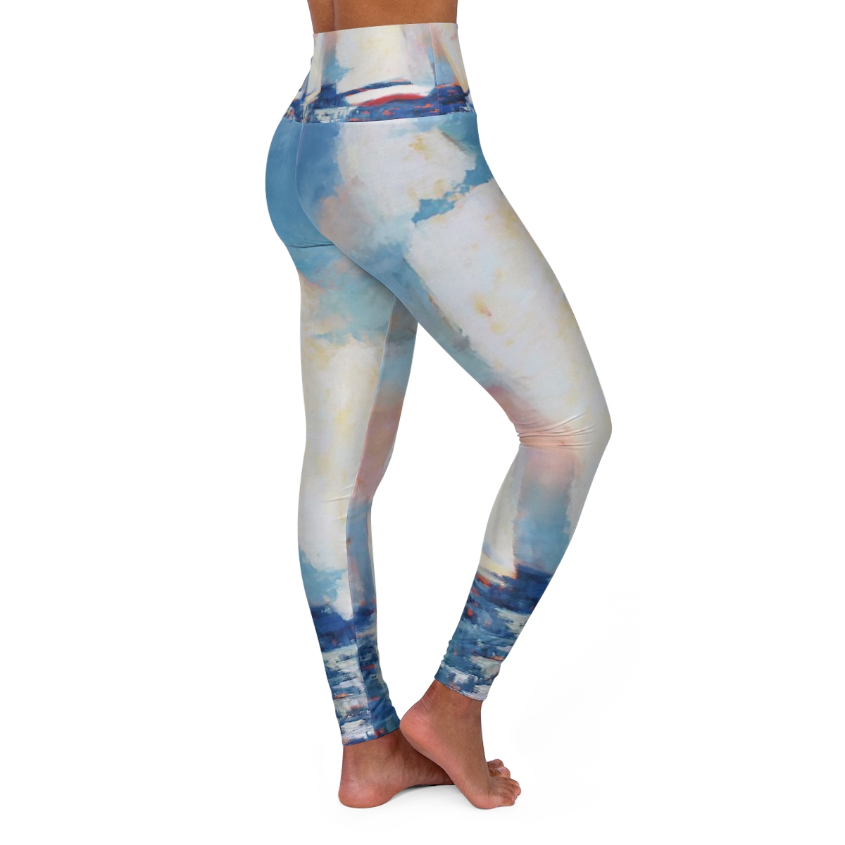 Sail Away, Blue and White High Waisted Yoga Leggings - Image 4