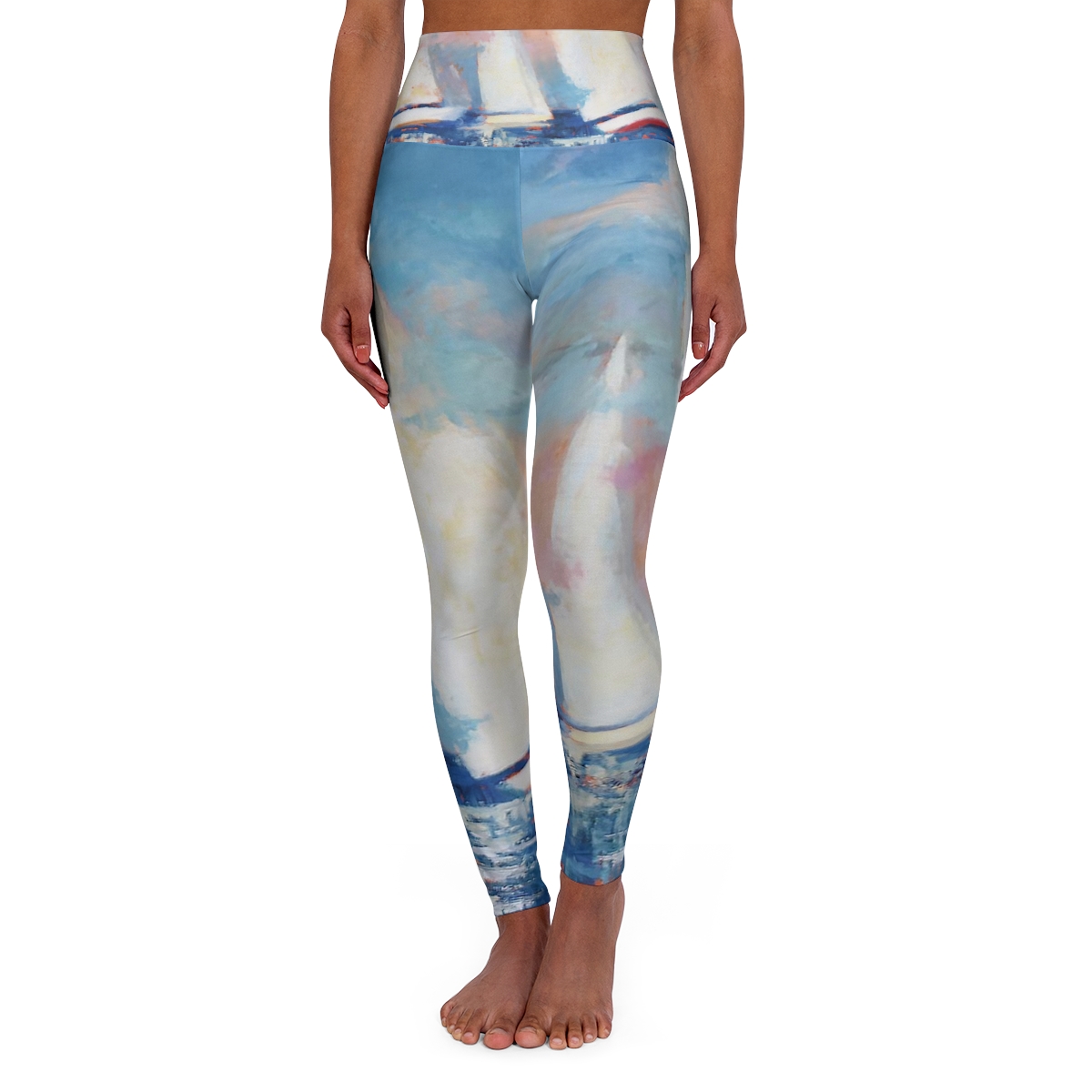 Sail Away, Blue and White High Waisted Yoga Leggings - Image 5