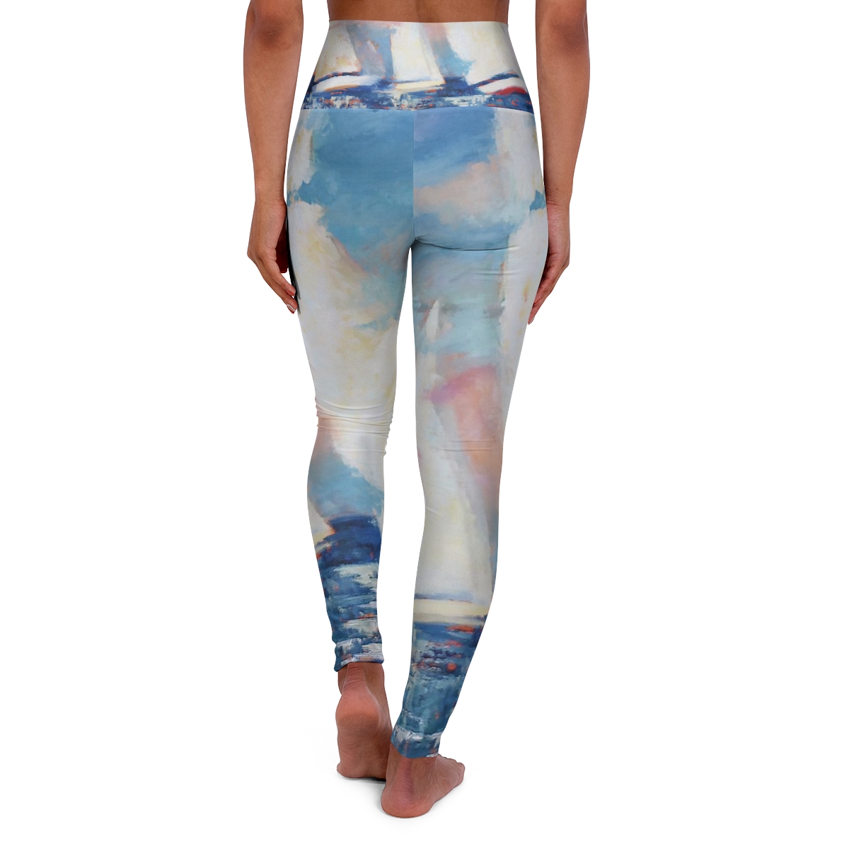 Sail Away, Blue and White High Waisted Yoga Leggings - Image 2
